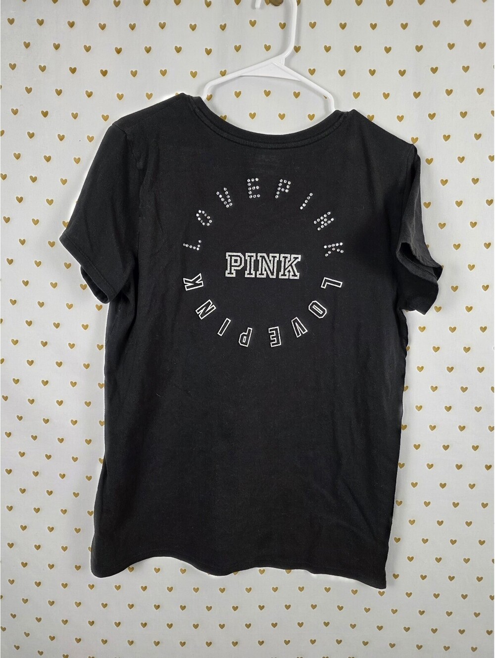 Victorias Secret PINK Bling studded Logo Short Sleeve Black tee shirt XL